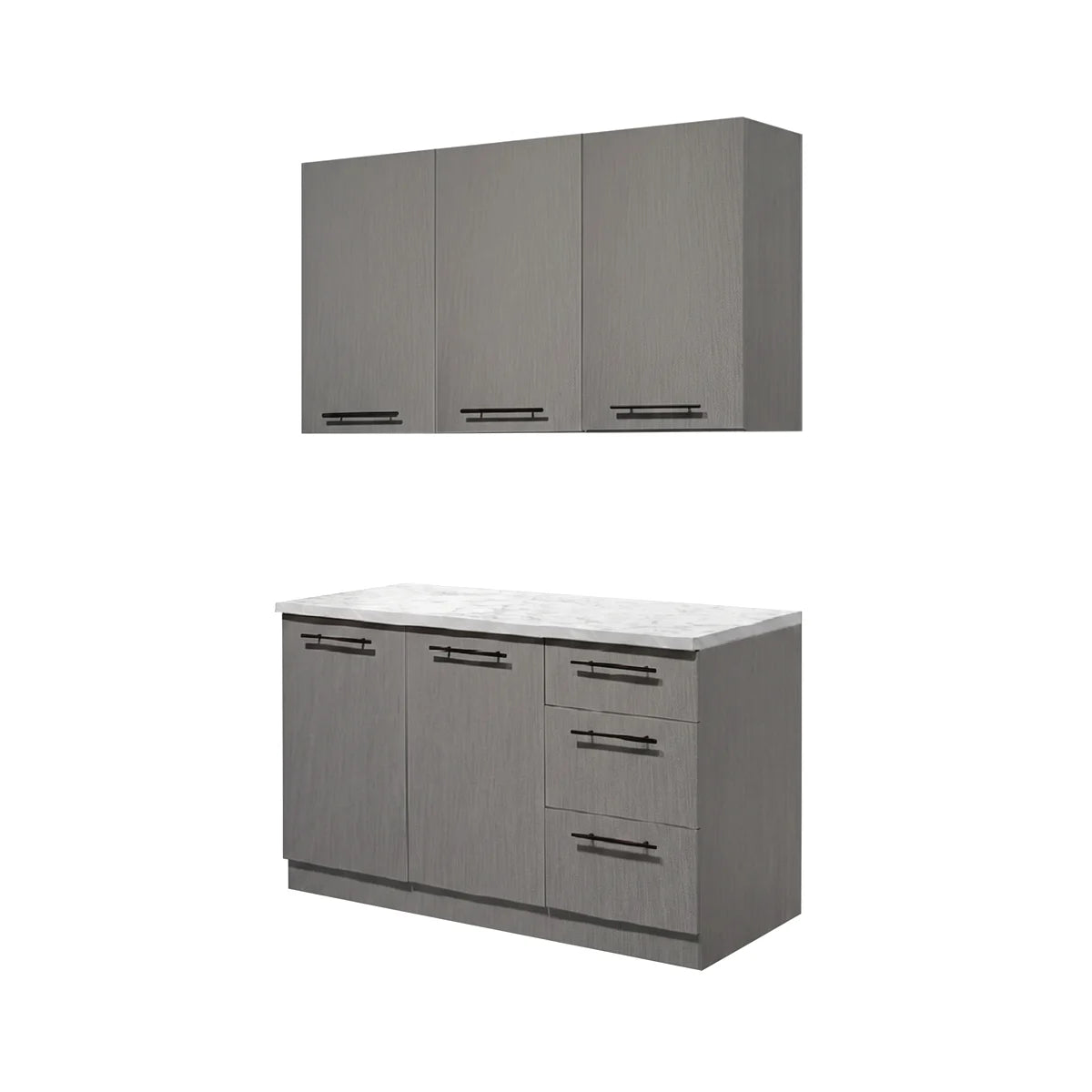 A modern kitchen cabinet and countertop set shown on a plain white background. The set includes a three-door wall cabinet above and a matching base cabinet with drawers and a white marble-look countertop, both in a gray woodgrain finish with black bar handles.