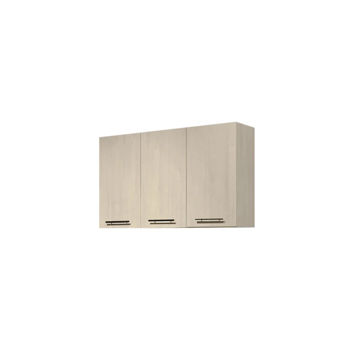 Three-panel wall-mounted kitchen cabinets in a light beige woodgrain finish with slim horizontal metallic handles, shown against a plain white background.