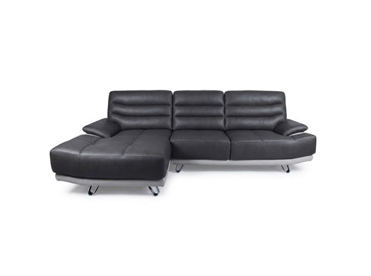 A modern black leather sectional sofa with a left-facing chaise lounge and a three-seat backrest, supported by a silver metallic frame on slim metal legs, shown against