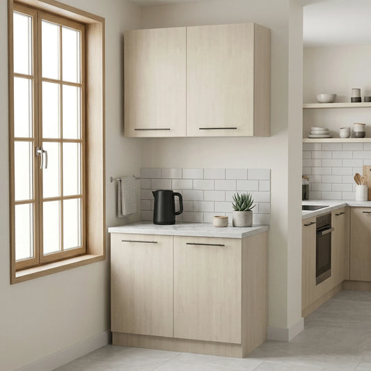 Light wood kitchen cabinets with a white subway tile backsplash, shown in a modern kitchen setting with a window and countertop accessories