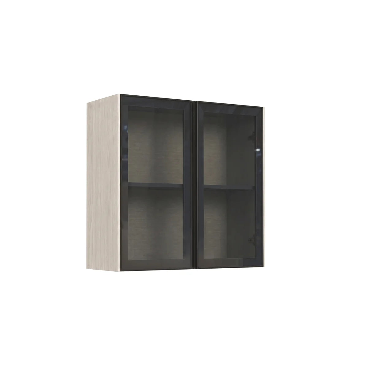 A wall-mounted double cabinet with light beige wood grain sides and dark gray doors with frosted glass panels, shown against a plain white background.