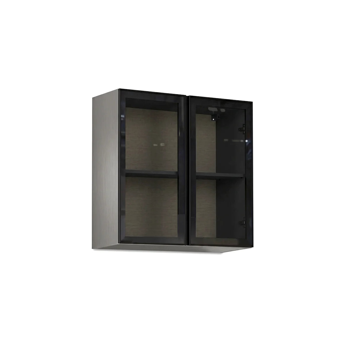 A wall-mounted double cabinet with dark grey grain sides and dark doors with frosted glass panels, shown against a plain white background.