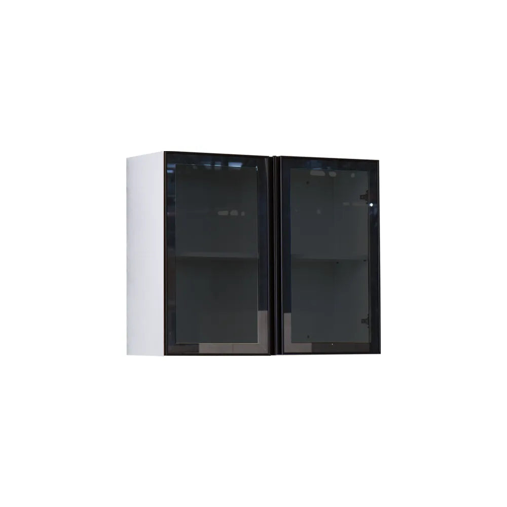 A modern wall-mounted double cabinet with two black glass doors and a white side panel, shown against a plain white background.