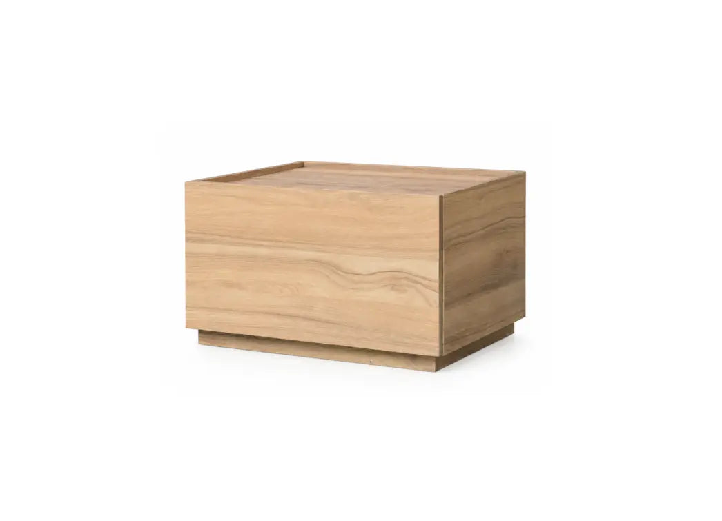 A modern wooden side table with a square shape, featuring a light oak finish and a subtle tiered base, shown on a plain white background.