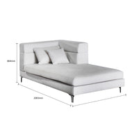 Gray upholstered chaise lounge with dimensions on a white background