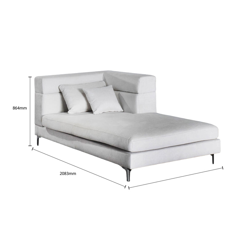 Gray upholstered chaise lounge with dimensions on a white background