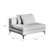 Gray sofa with dimensions labeled on a white background
