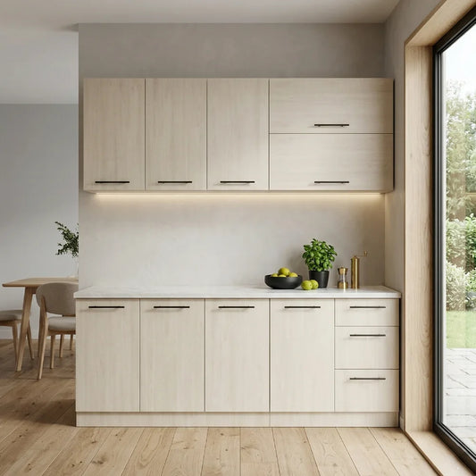 A modern kitchen cabinet and drawer unit in a light wood grain finish, installed against a white wall beneath upper wall cabinets. The unit includes a white countertop with a small plant, fruit bowl, and gold-toned bottle holder.