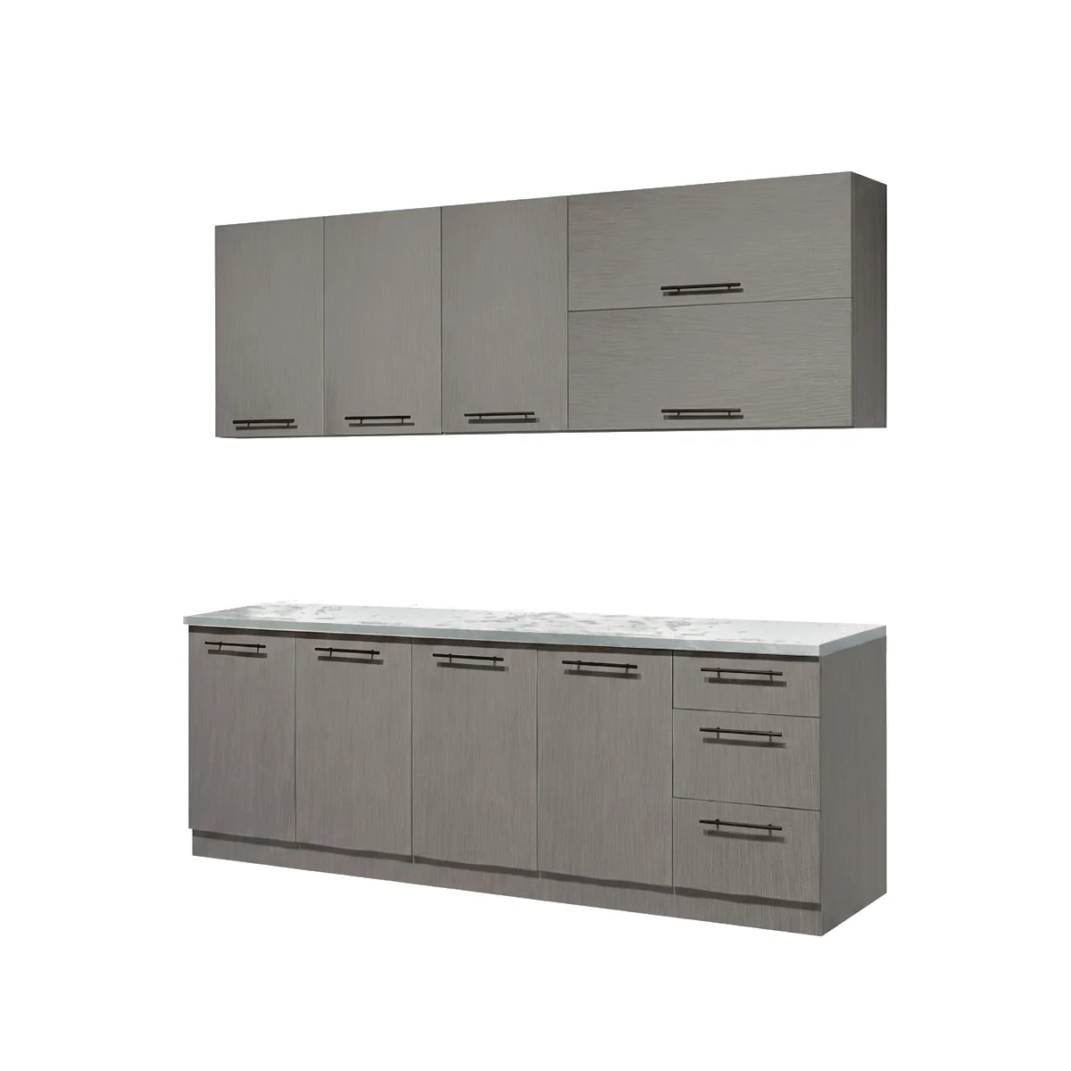 A modern kitchen cabinet set shown in two views: a wall-mounted upper cabinet array with four doors and two drawers, and a matching base cabinet with five doors, three drawers, and a white countertop, both in a light gray woodgrain finish with dark metal handles.