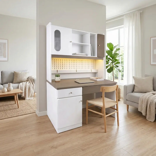 Small home office with a desk, chair, and storage unit in a living room setting