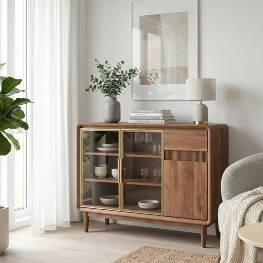 Wooden cabinet in a living room with decor items and a plant