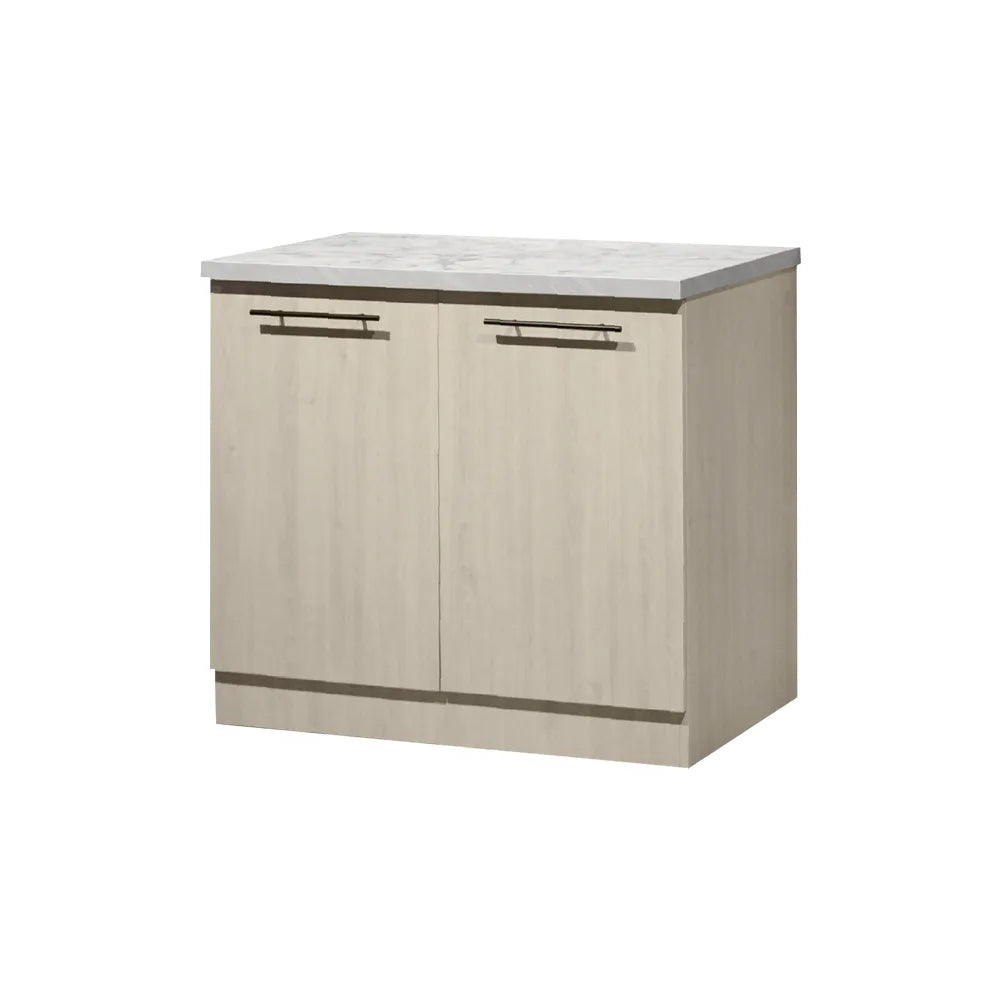 A two-door kitchen cabinet with a light beige wood grain finish and a white marble-look countertop, featuring slim horizontal dark metal handles.