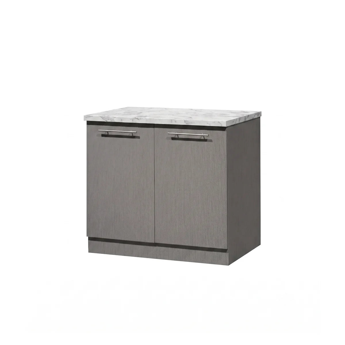 A modern two-door cabinet with a gray wood-grain finish and a white marble-look countertop, shown on a plain white background.