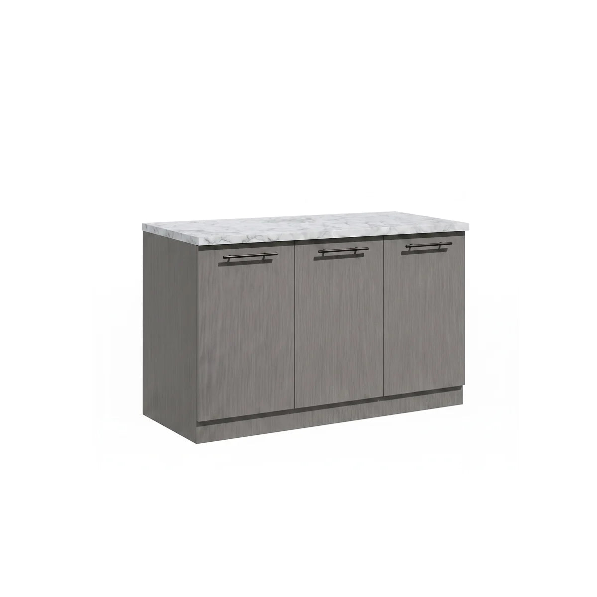 A modern three-door kitchen cabinet with a gray wood-grain finish and a white marble-look countertop, shown on a plain white background.