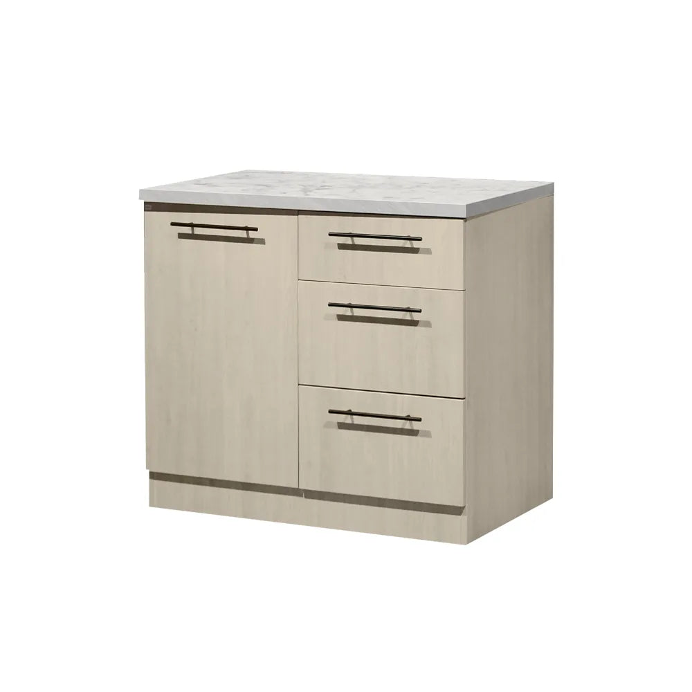 A modern bathroom vanity cabinet with a light beige wood-grain finish, featuring a white marble-look top, three drawers on the right, and one larger door on the left, all with slim black horizontal bar handles.