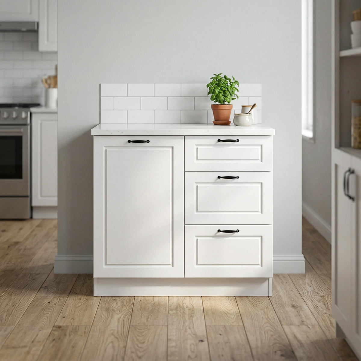 A white kitchen cabinet with one large door and three drawers, set against a white subway tile backsplash in a bright kitchen with light wood floors.
