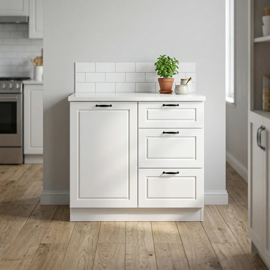 A white kitchen cabinet with one large door and three drawers, set against a white subway tile backsplash in a bright kitchen with light wood floors.