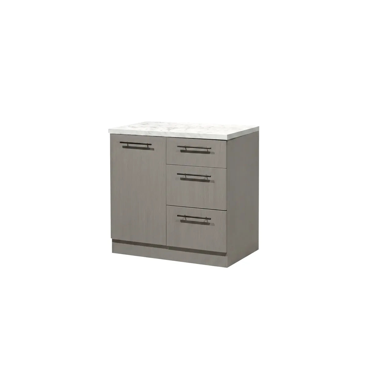 A modern kitchen cabinet with a gray wood-grain finish, featuring a white marble-look top and three black metal drawer pulls.