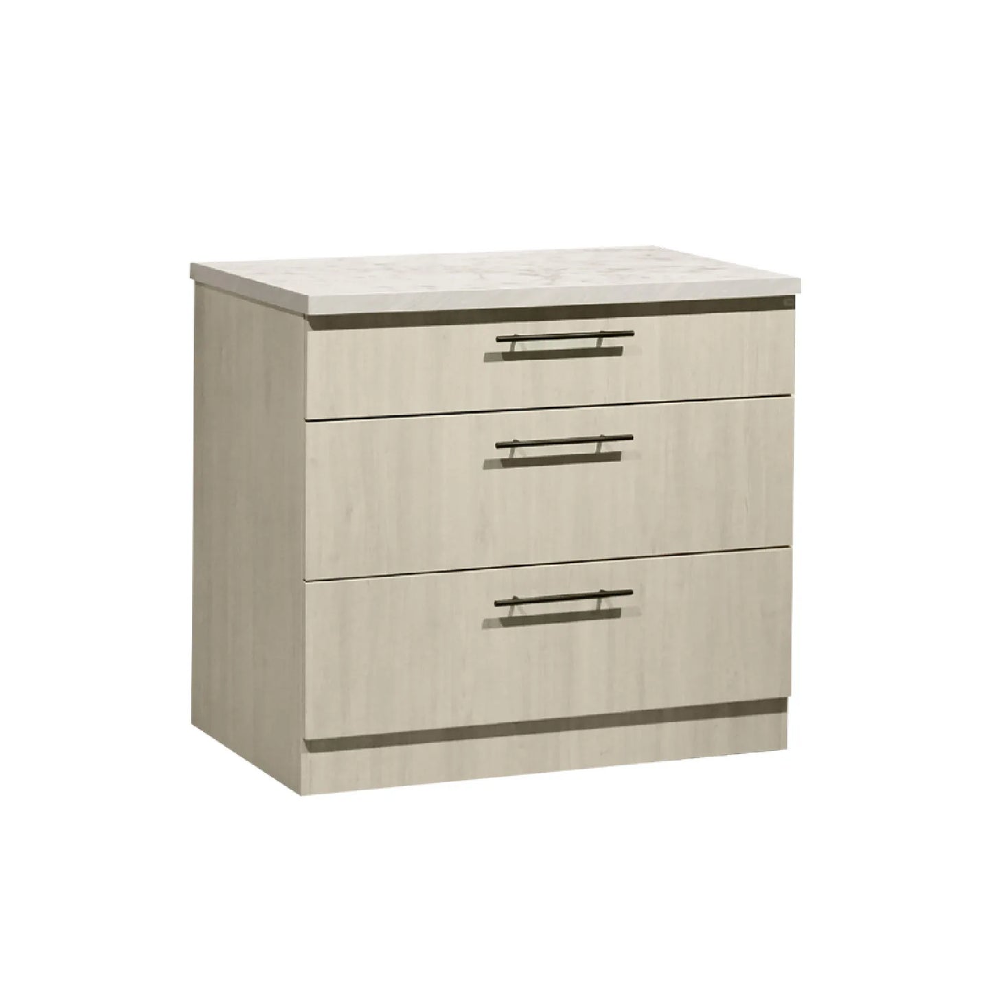 Three-drawer dresser with a marble top on a white background