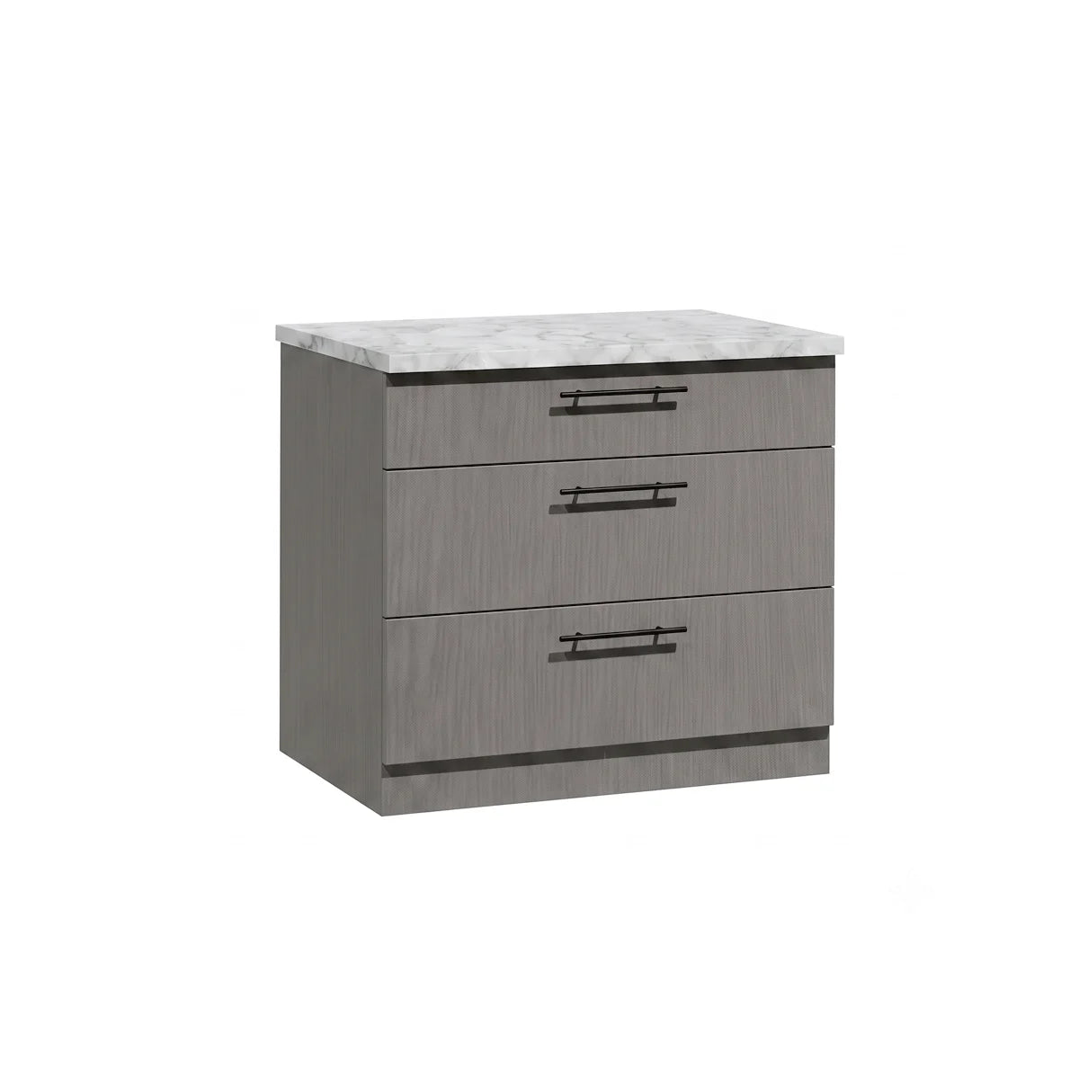 A modern drawer cabinet with a gray wood-grain finish and a white marble-look countertop, shown on a plain white background.