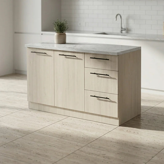 A light wood kitchen island with a white marble countertop and black metal handles, set in a bright, modern kitchen with a tiled backsplash and stone tile floor