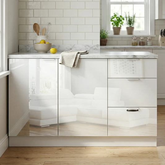 A modern kitchen cabinet island in glossy white with a marble-look countertop, set against a white subway tile backsplash and light wood flooring.