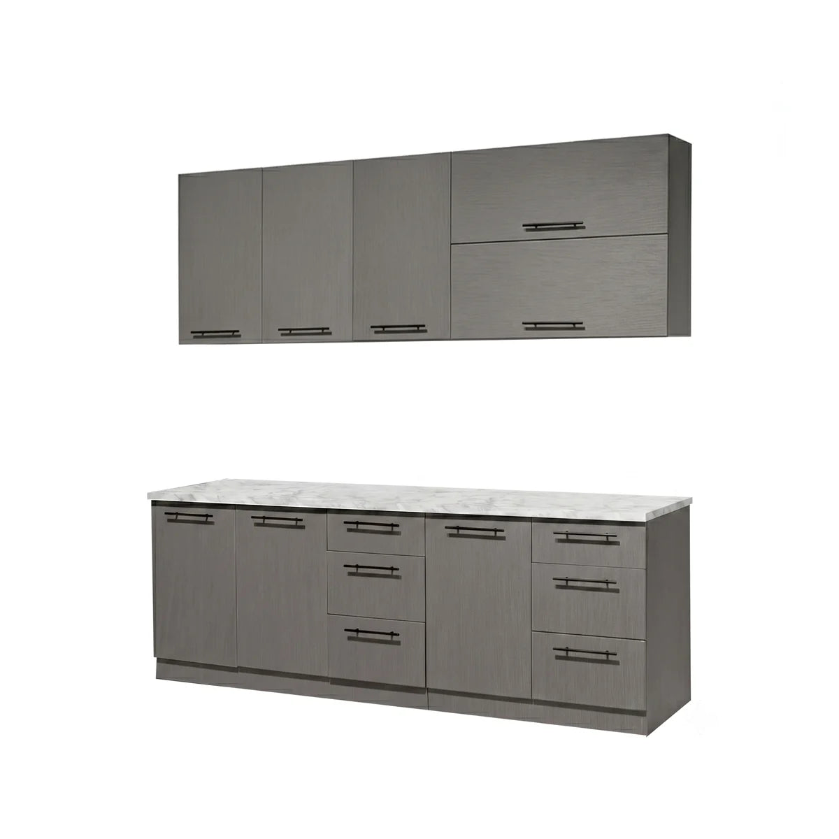A two-piece kitchen cabinet set shown on a plain white background, featuring a wall-mounted upper cabinet with five doors and a lower island cabinet with five drawers and a white marble-look countertop. Both cabinets have a gray woodgrain finish and black horizontal bar handles.