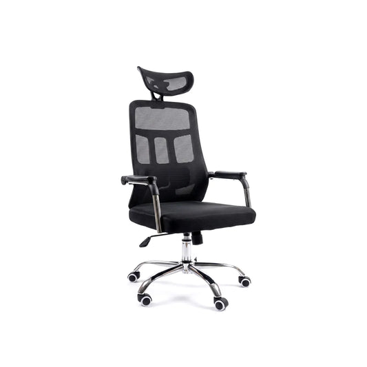 A modern black mesh office chair with a headrest, adjustable armrests, and a chrome five-star wheeled base, shown against a plain white background.