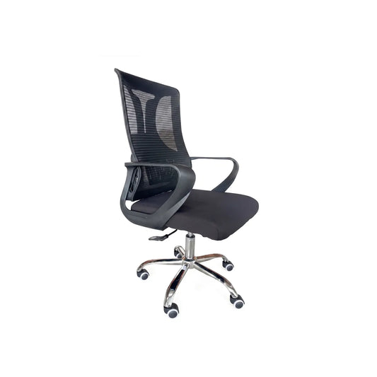 A modern black mesh office chair with a padded seat, armrests, and a chrome five-star wheeled base, shown against a plain white background.