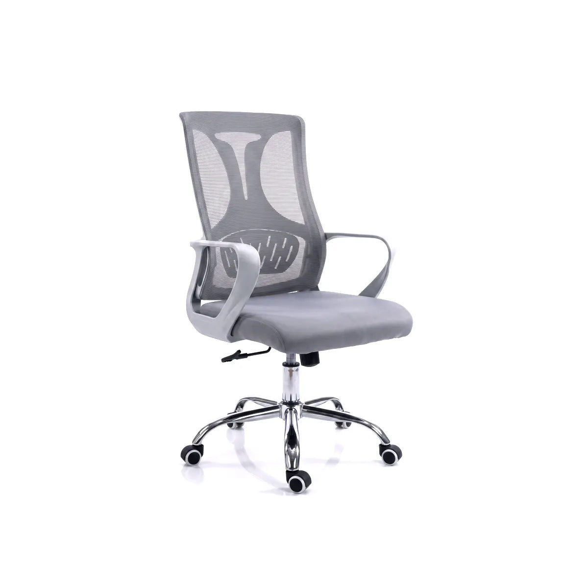 A modern gray mesh office chair with a high back, curved armrests, and a chrome five-star wheeled base