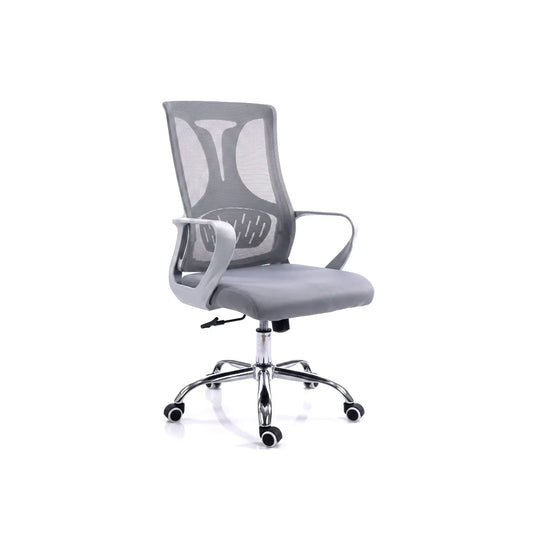 A modern gray mesh office chair with a high back, curved armrests, and a chrome five-star wheeled base