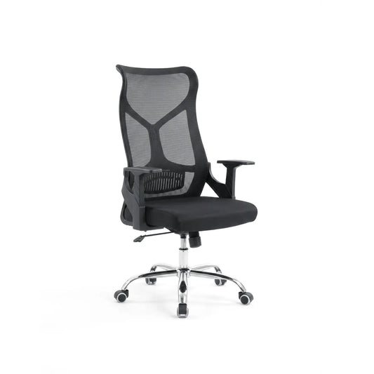 A modern black mesh office chair with a high back, adjustable armrests, and a chrome five-star wheeled base, shown against a plain white background.