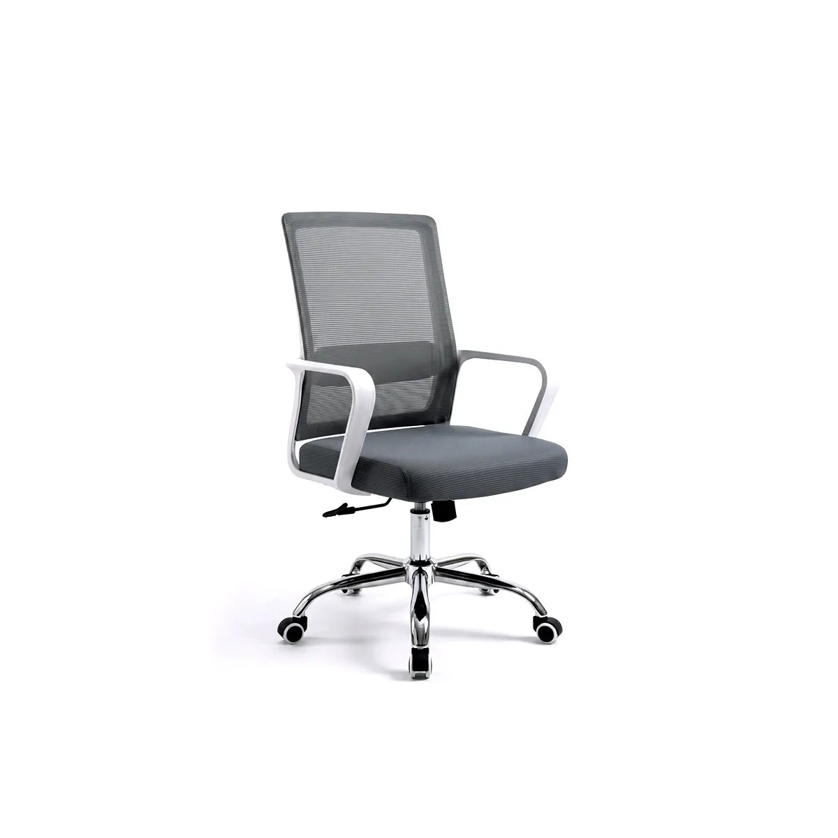 Angled profile view of a grey mesh office chair with fixed white armrests and a chrome star base