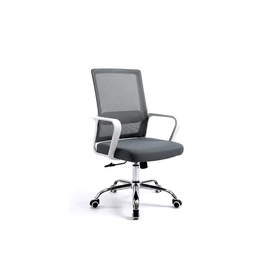 Angled profile view of a grey mesh office chair with fixed white armrests and a chrome star base