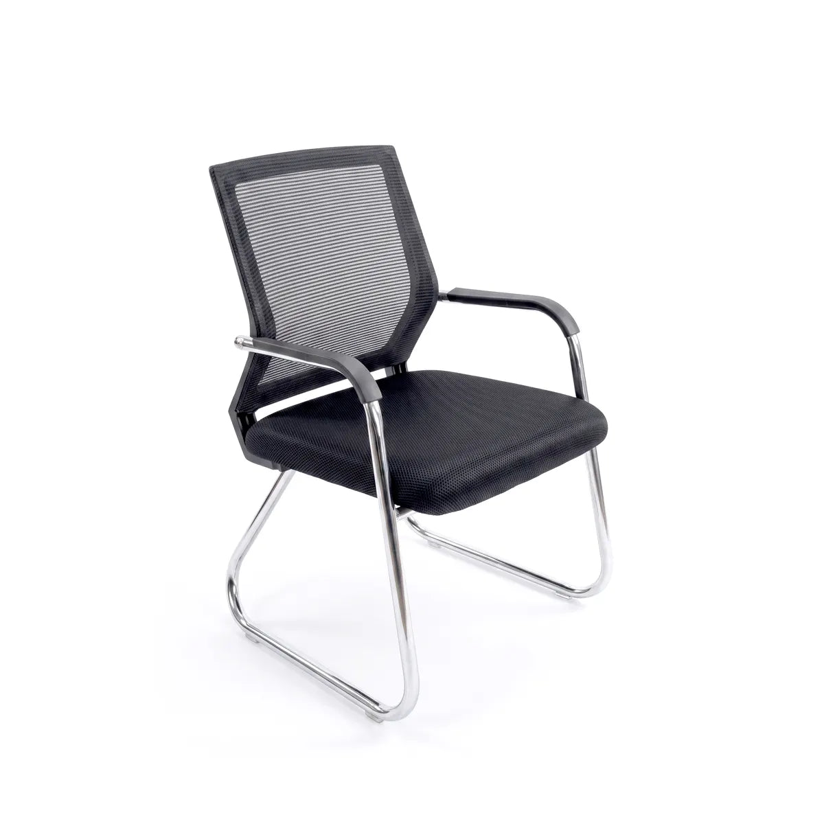 Angled profile view of a black mesh office visitor chair with a chrome sled frame and integrated armrests