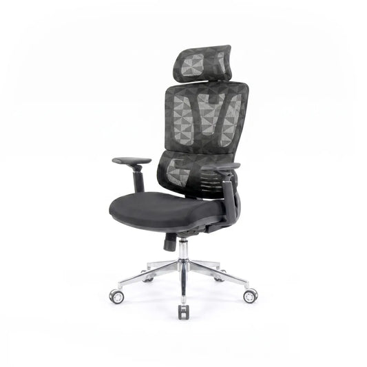 Black office chair with mesh backrest on a white background