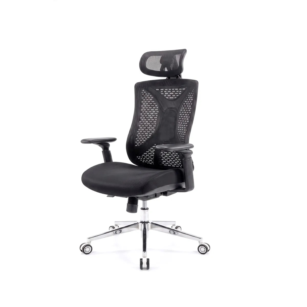 Black office chair with mesh back and headrest