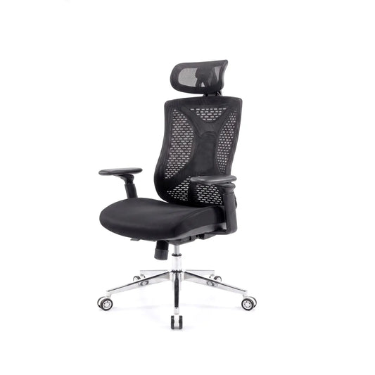 Black office chair with mesh back and headrest