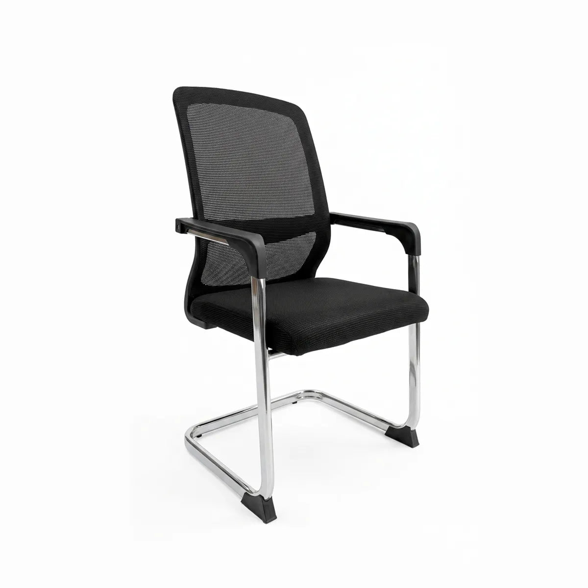 Black office chair with mesh back and chrome frame