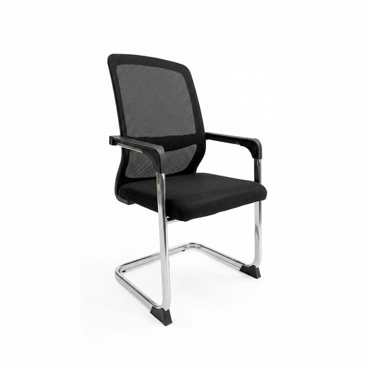 Black office chair with mesh back and chrome frame