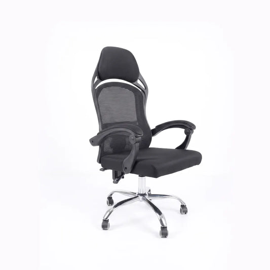 Angled profile view of an ergonomic black mesh office chair featuring an adjustable headrest, curved armrests, and a chrome star base