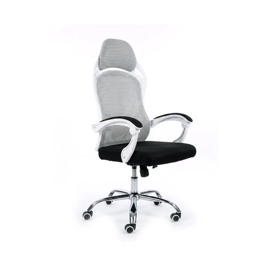 Three-quarter view of a high-back white frame mesh office chair