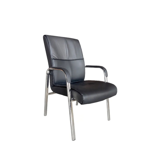 Angled profile view of a black faux leather visitor chair with integrated armrests and a straight four-legged chrome base