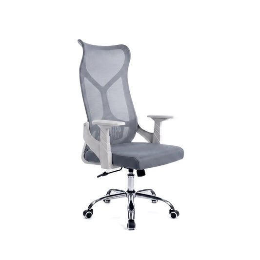 Angled profile view of a grey mesh ergonomic office chair with a white frame and chrome star base