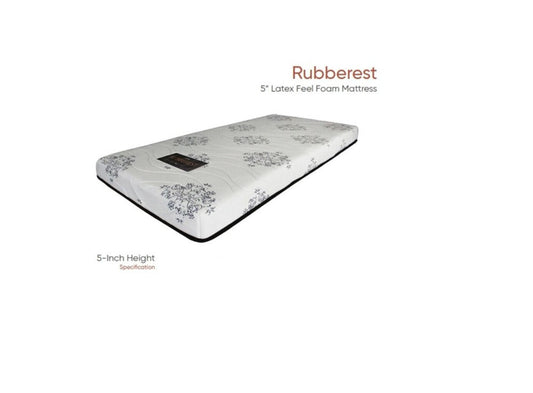 A 5-inch latex feel foam mattress shown at an angle on a white background, with text overlays reading 'Rubberest 5" Latex Feel Foam Mattress' and '5-Inch Height Specification