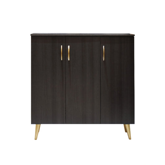 Dark wood cabinet with gold legs on a white background