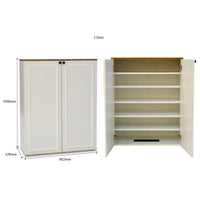 White storage cabinet with two doors and open shelves on a white background, showing dimensions.