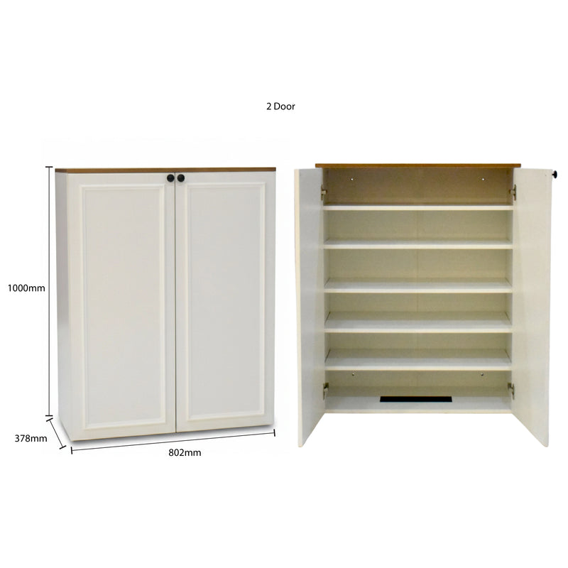 White storage cabinet with two doors and open shelves on a white background, showing dimensions.