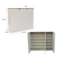 White cabinet with three doors and open shelf unit, showing dimensions on a white background.