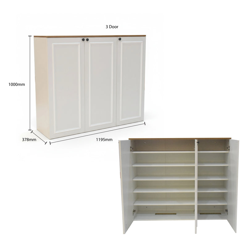 White cabinet with three doors and open shelf unit, showing dimensions on a white background.